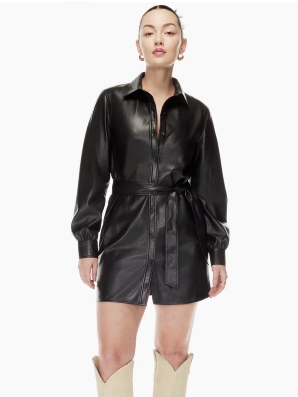Aritzia Black Faux Leather Shirt Dress with Tie Waist